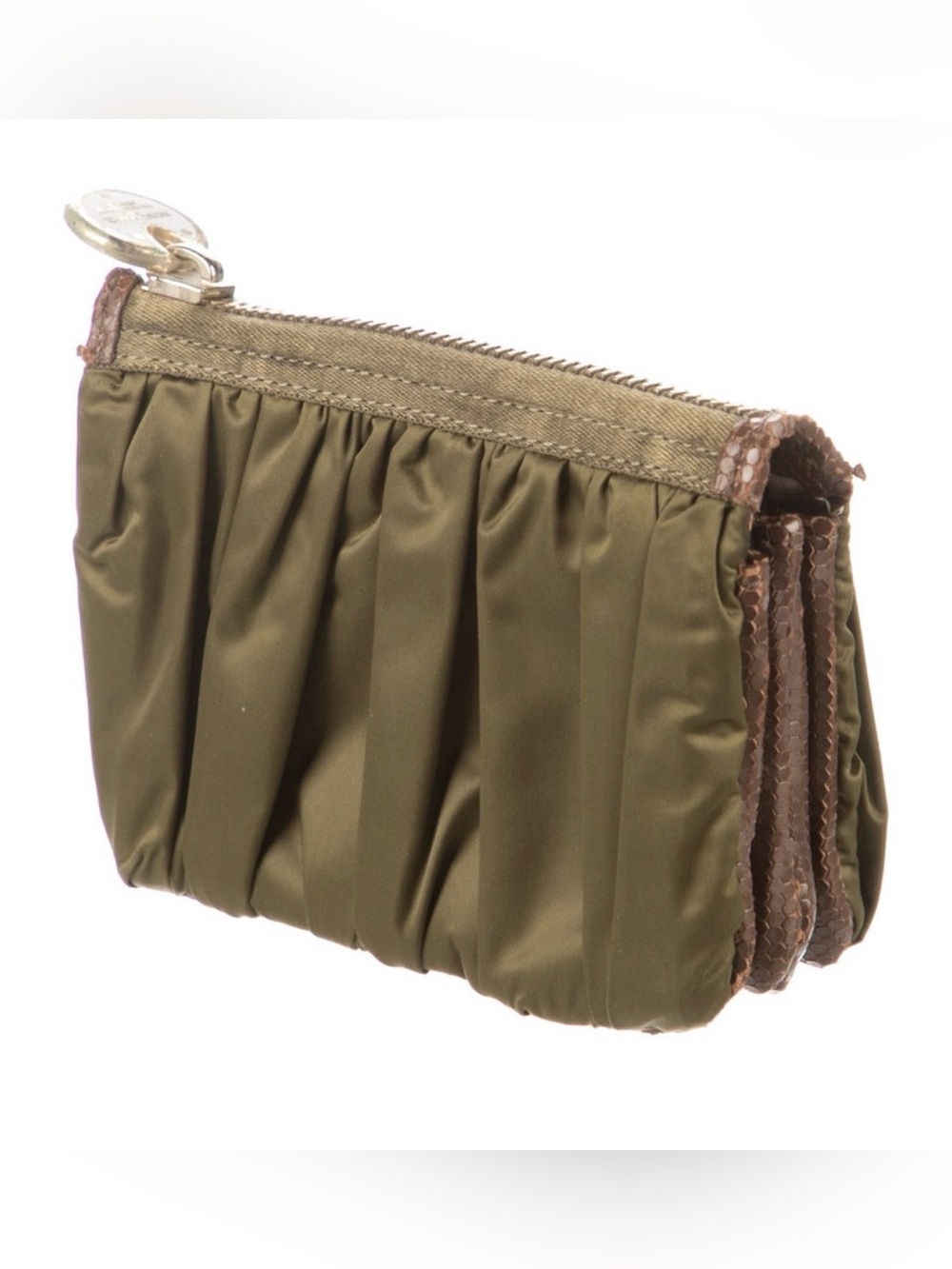 Henri Bendel Olive Green Pleated Wallet/Coin Purse w/ snake skin leather accents